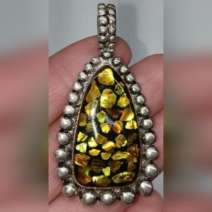 Silver Pendant and earring set. Chain not included. Yellow, orange Abalone?